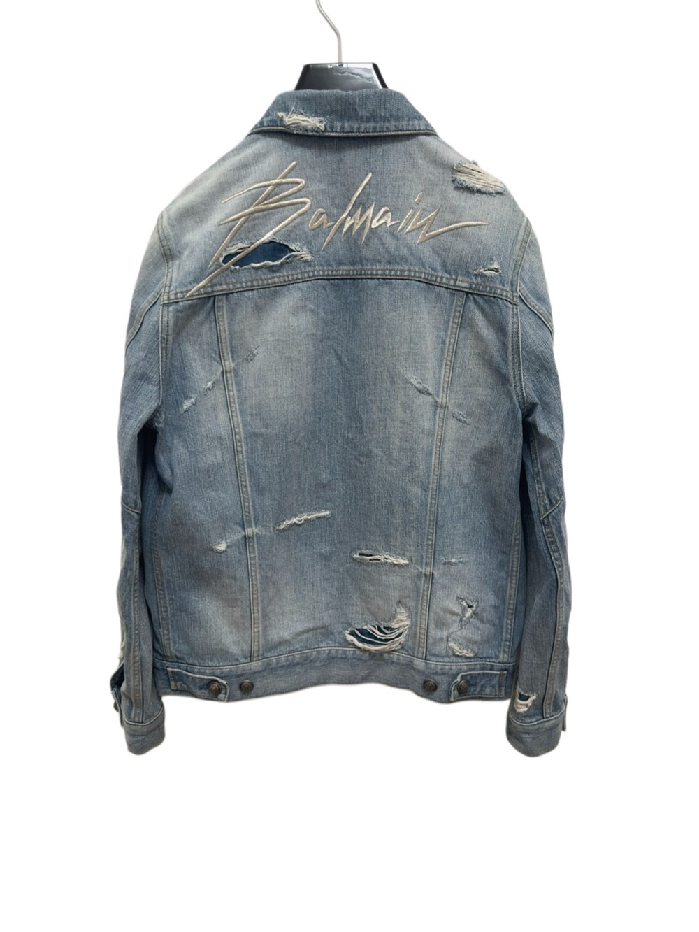 🚩steal Balmain Light Blue Distressed Denim Jacket with Script Logo